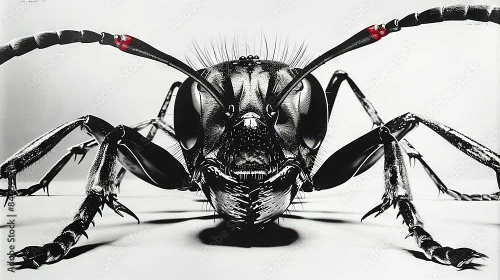 Poster a monochromatic image of an insect featuring elongated limbs and a substantial cranium, illuminated 