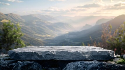A closeup of an empty podium on top of the mountain, with a blurred background featuring a beautiful scenery of green mountains and sky at sunrise.