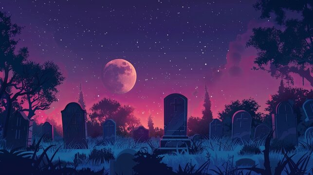 Mystical night scene of a graveyard under a full moon, with silhouettes of tombstones and trees against a starry sky. Perfect for Halloween themes. - Powered by Adobe