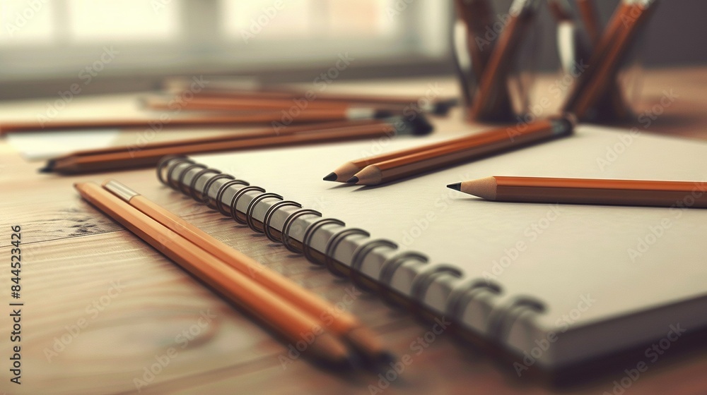 Poster a stack of pencils rests atop a notepad, adjacent to a cluster of pencils on a table