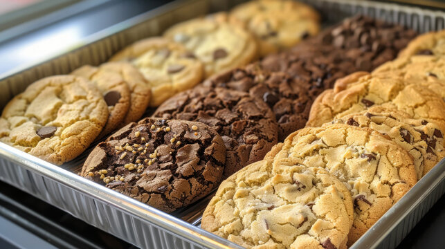 A tray of assorted cookies, including chocolate chip, oatmeal raisin, and sugar cookies, fresh out of the oven