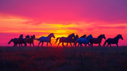 Experience the beauty of freedom as wild horses gallop freely across a vast grassland, their mane and tails flowing in the wind, embodying the untamed spirit and grace of nature.