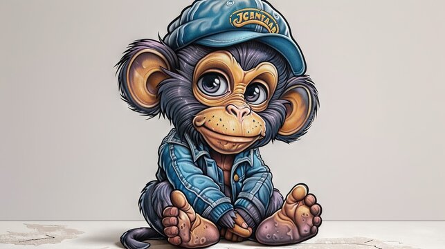   A monkey in a hat sits on the ground with its legs crossed