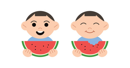 A little boy is eating a slice of watermelon. Cartoon style flat illustration.
