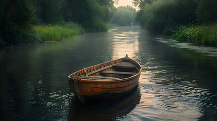 A lonely empty wooden boat is reflected in calm water. calm reflection, mirror of nature.