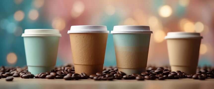Paper cups of coffee to go on pastel background.