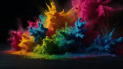 ultra hd 8k multi sharp rainbow color powder splashes on black background in spot light from both