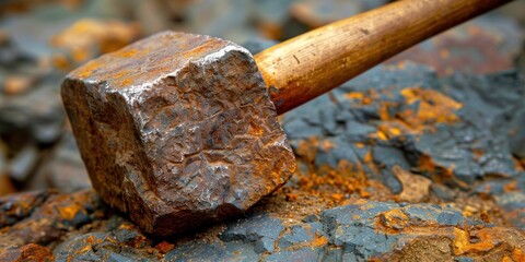 A weathered rock hammer lies on a rocky surface