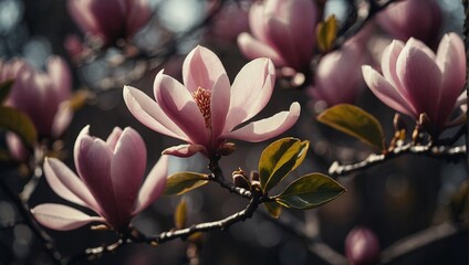 Fototapeta premium Pink Magnolia spring blossom tree Selective focus.