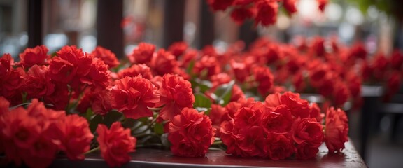 Red gardenium flowers in a street restaurant.