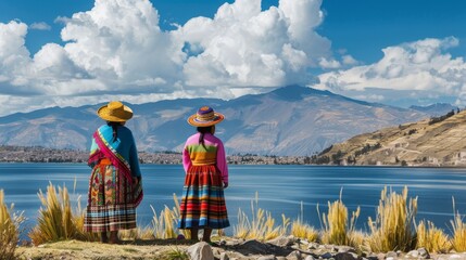 two women in traditional clothing in front of lake 