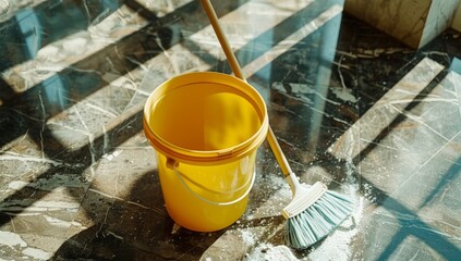 an yellow bucket with mop