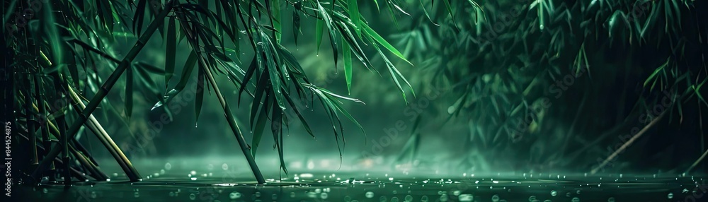 Poster serene bamboo forest with dewdrops and mist creating a tranquil and refreshing atmosphere, ideal for