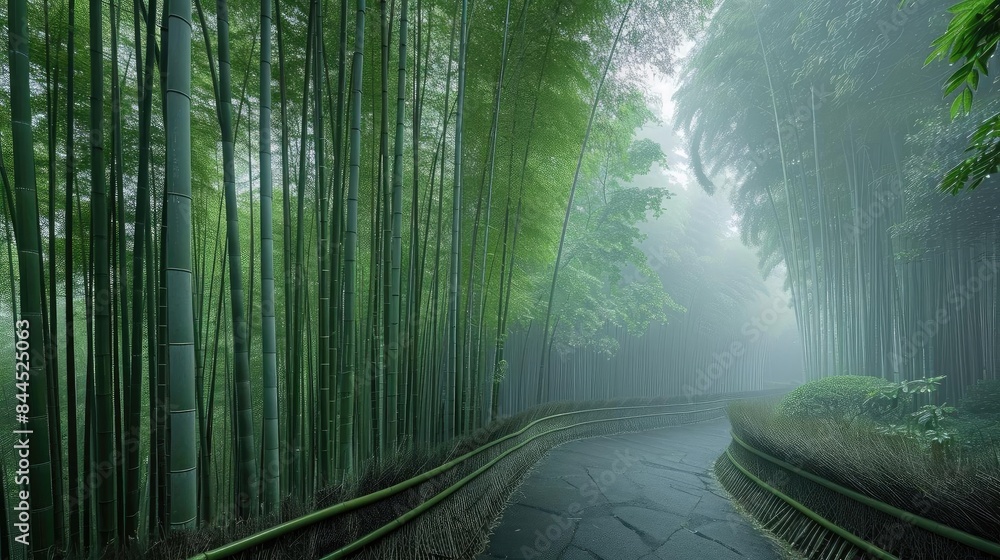 Poster misty bamboo forest with a winding path creating a serene and tranquil atmosphere in a lush green se