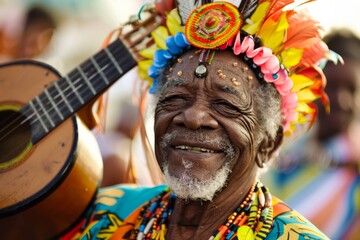 an old man with a colorful headdress and guitar