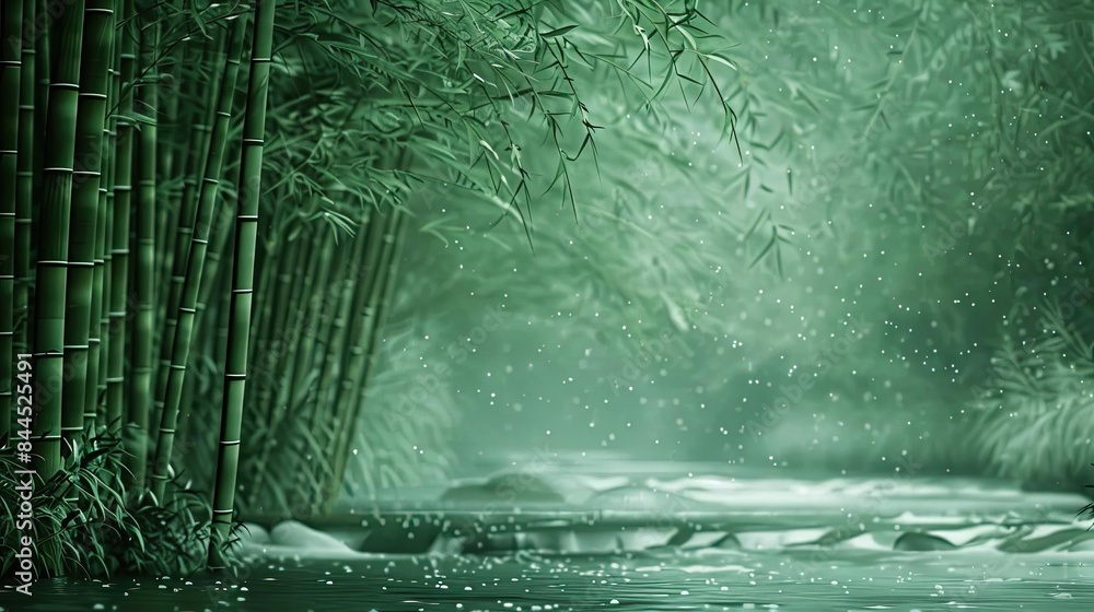 Poster mystical bamboo forest with thick mist enveloping the trees and serene waters, creating an ethereal 