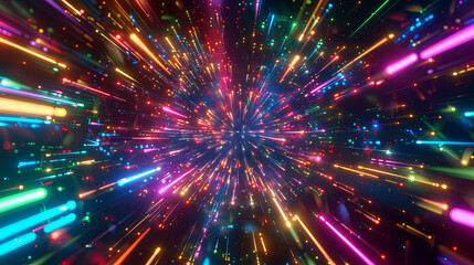 Naklejka premium fantastic background Neon lines converging in a psychedelic explosion. An electrifying digital artwork depicting a warp-speed effect with neon light streaks in vibrant