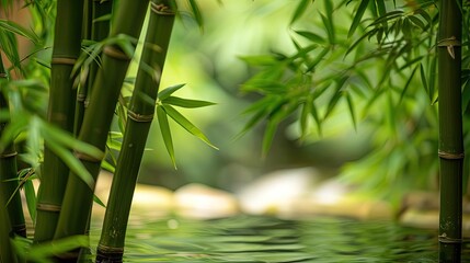 Serene bamboo forest with soft focus on lush green leaves and a calm water reflection, creating a peaceful and natural atmosphere.