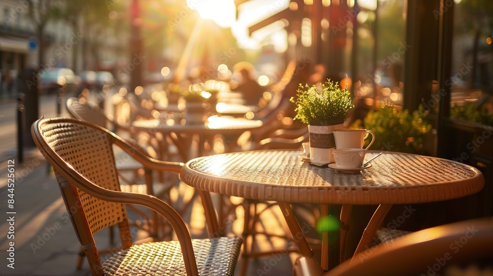 Poster   A table with a potted plant on top sits beside a chair and another table with a potted plant