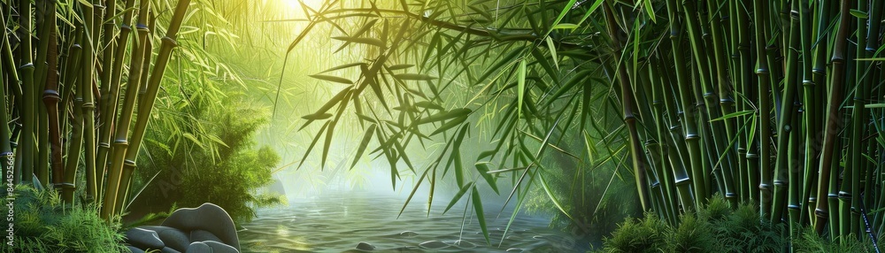 Poster serene bamboo forest with gentle sunlight filtering through, creating a tranquil and refreshing natu