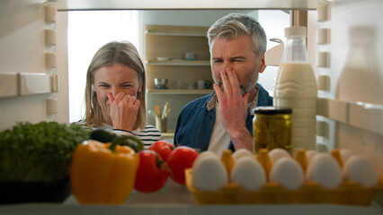 POV Point of view from inside fridge adult couple feeling bad disgusting unpleasant smell from broken refrigerator spoiled rotten food meal middle-aged man and woman awful smelling stink from freezer