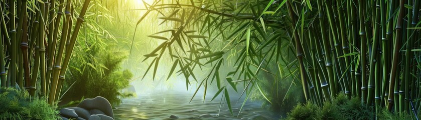 Obraz premium Serene bamboo forest with gentle sunlight filtering through, creating a tranquil and refreshing natural landscape by a calm stream.