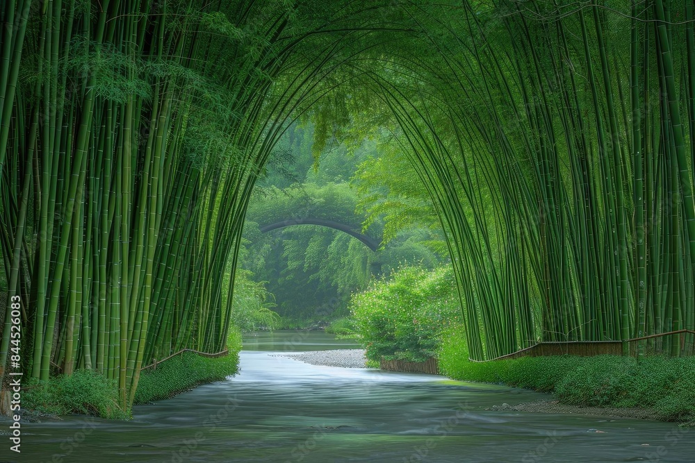 Poster serene path through a lush bamboo forest with natural arches, creating an enchanting and peaceful at