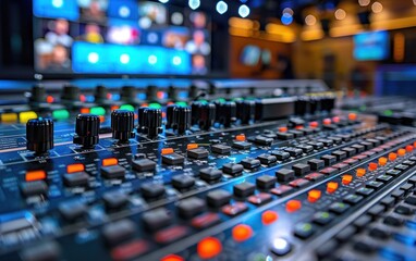 Fototapeta premium A close-up of a soundboard with multiple buttons and knobs