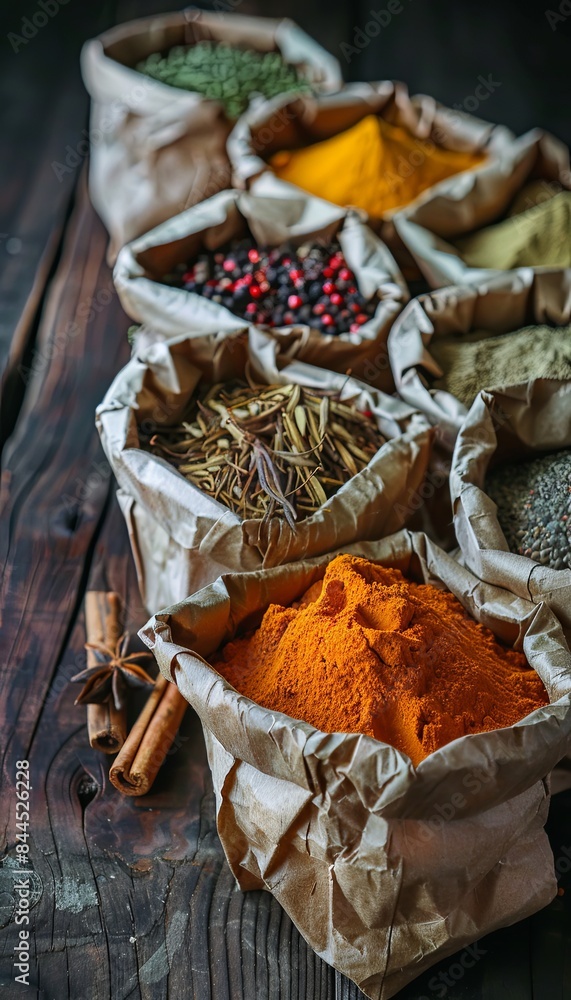 Poster a close-up of various dry spices in open paper bags arranged on a wooden surface. the spices include