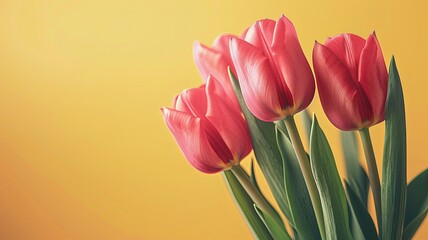 Vibrant pink tulips against a warm yellow background, showcasing the beauty of spring flowers in full bloom.