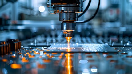 An automated robotic arm in a modern assembly line, spotlighting a laser cutter precisely etching designs onto a stainless steel sheet. the advanced technology behind the machinery and conveys.