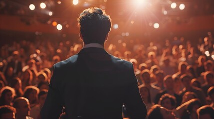 A man in suit standing on stage, looking at the audience with confidence and inspiration while giving an drive them to success speech.
