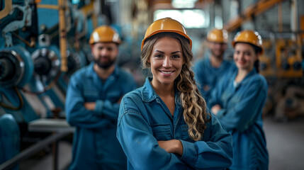 A team of engineers in hardhats and workwear working confidently in an industrial setting