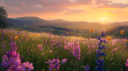 Fototapeta premium A mesmerizing spring meadow with rolling hills at sunrise, a pastel sky, wildflowers in full bloom, a peaceful ambiance, an awe-inspiring scenery, a magnificent nature photography.