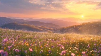 Fototapeta premium A mesmerizing spring meadow with rolling hills at sunrise, a pastel sky, wildflowers in full bloom, a peaceful ambiance, an awe-inspiring scenery, a magnificent nature photography.