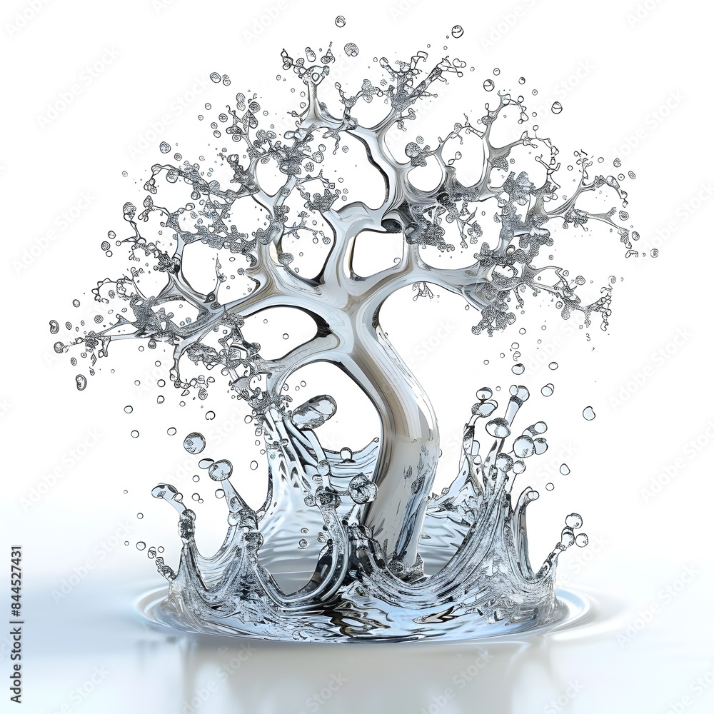 Poster liquid tree sculpture:a dynamic 3d rendered splash of water in the shape of an intricate tree