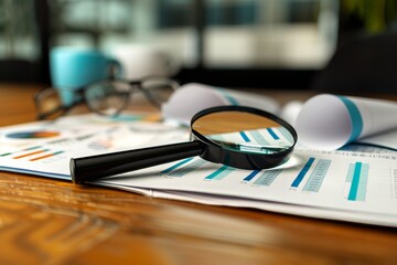Fototapeta premium Magnifying Glass on Bar Graphs and Data Analysis Papers on Wooden Desk