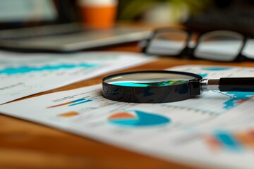 Magnifying Glass On Charts And Graphs On Wooden Desk