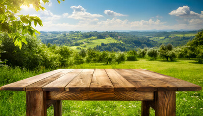 Fototapeta premium A polished wooden desk with free space, positioned outdoors in a summer landscape with lus