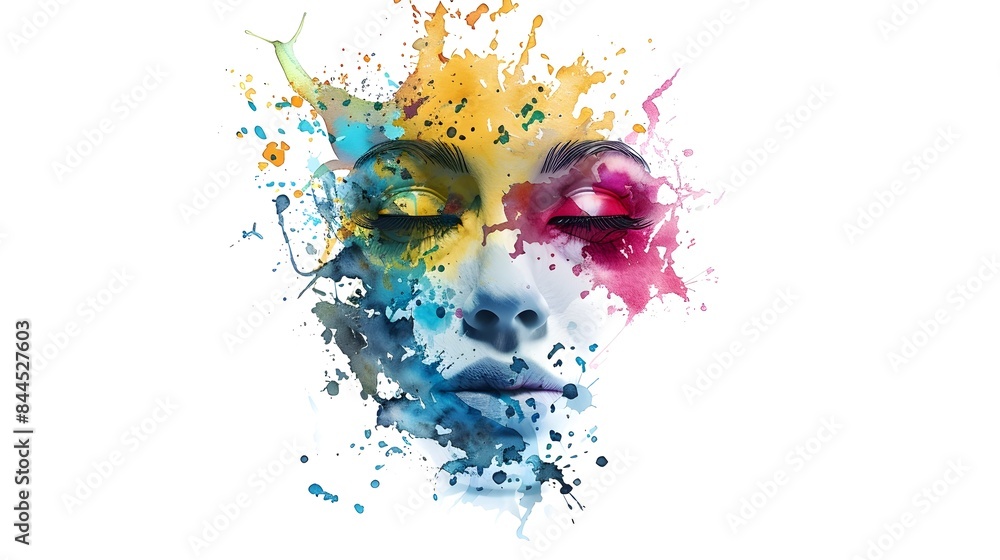 Poster abstract watercolor splash creating 3d rendered face on white background