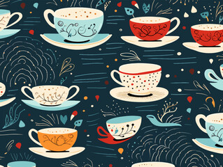 Whimsical pattern of floating teacup, books, line, and steams with isolated background