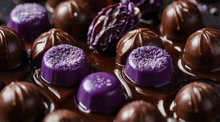 Some purple hazelnut chocolates with chelate liquid poured over them, professional photography, cinematic lighting