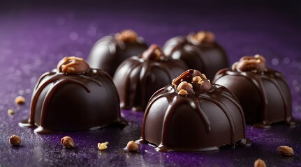 Some purple hazelnut chocolates with chelate liquid poured over them, professional photography, cinematic lighting