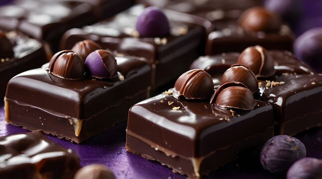 Some purple hazelnut chocolates with chelate liquid poured over them, professional photography, cinematic lighting