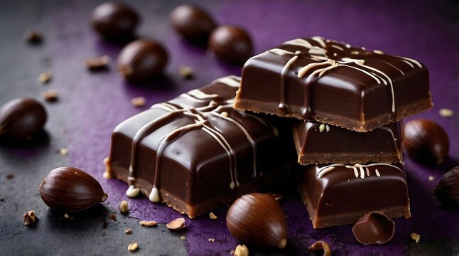 Some purple hazelnut chocolates with chelate liquid poured over them, professional photography, cinematic lighting