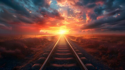 A photo of an endless railway leading into the horizon, symbolizing life's journey and future possibilities. This scene conveys themes like hope, dreams coming true.
