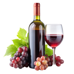 Obraz premium Red wine bottle and glass with grapes on transparent background