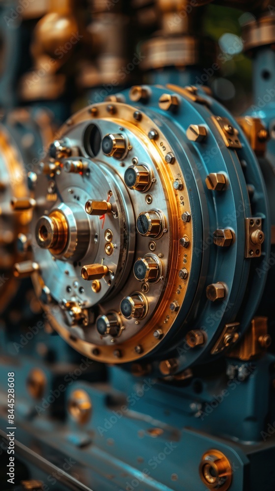 Poster a detailed view of a intricate machine component in a physics laboratory