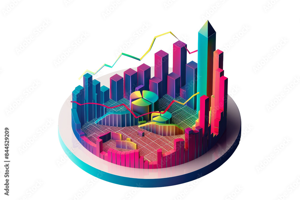 Poster colorful 3d data visualization chart with various graphs, bars, and lines, depicting business analyt