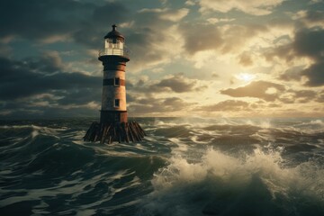 Obraz premium Striking image showcasing a lighthouse against tumultuous ocean waves under a dramatic sunset sky